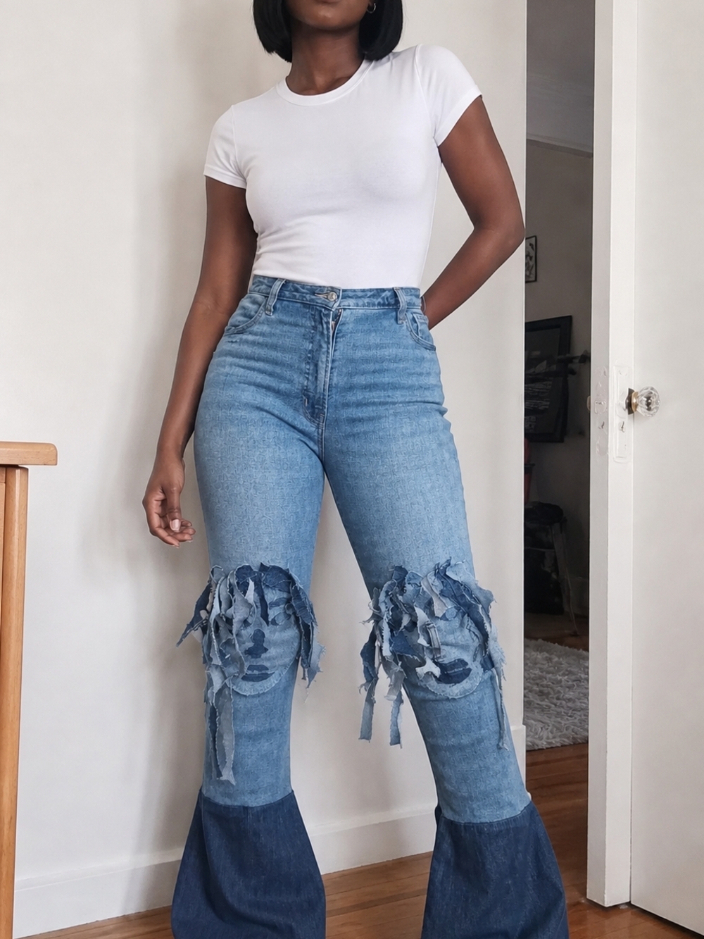 High-Waist Two-Tone Jeans - Light Blue